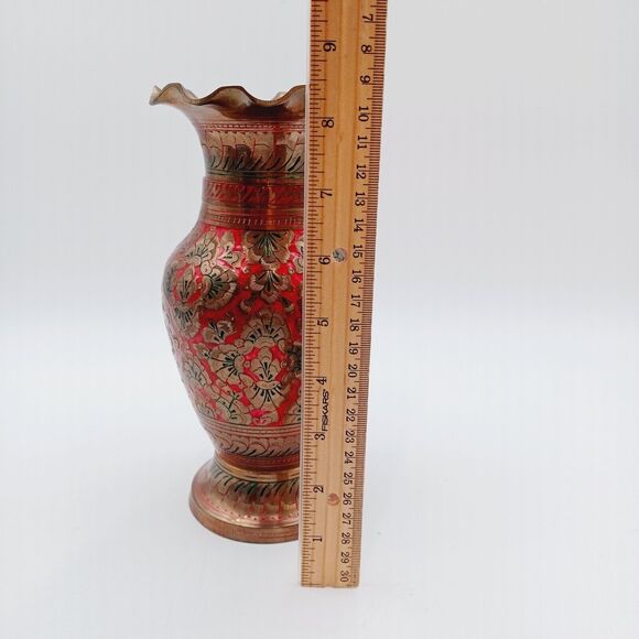 Vintage Etched Brass Vase Ornate Engraved Brass India Red Detail 8.5in - Picture 2 of 8